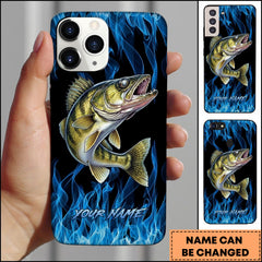 Maxcorner Walleye Fishing Blue Flame Smoke Background Personalized Name 3D Phone Case