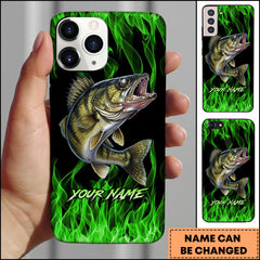 Maxcorners Walleye Neon Green Flame Black Background Art Personalized Name Phone Case