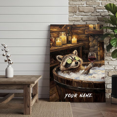 Maxcorners Relaxing Raccoon Spa Bath with Wine and Cucumber Eyes Personalized Canvas Wall Art