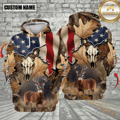 Maxcorners Custom Name Deer Hunting Skull Flag All Over Print Shirt Best Gift For Hunter