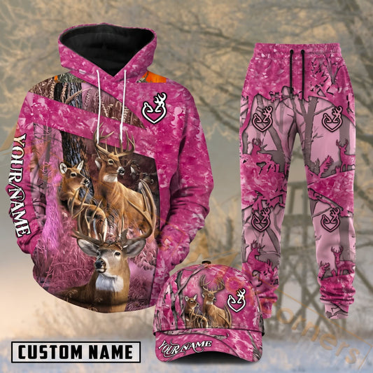 Maxcorners Hunting Whitetail Deer Pink Camo Bow Personalized 3D Combo Hoodie, Sweatpants Set & Cap