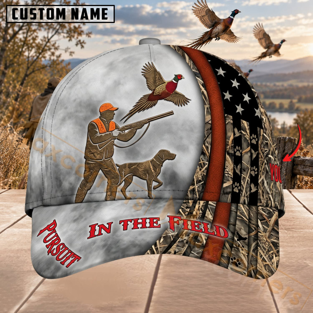 Maxcorners Upland Bird Hunting Hunter Dog & Pheasants Personalized Name 3D Cap