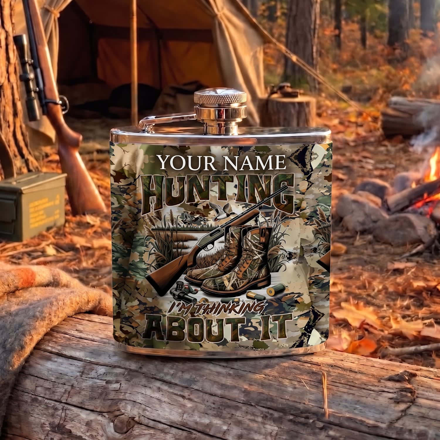 Maxcorners Hunting Funny Hunting Is All About It Quote Design Personalized Name 3D Hip Flask