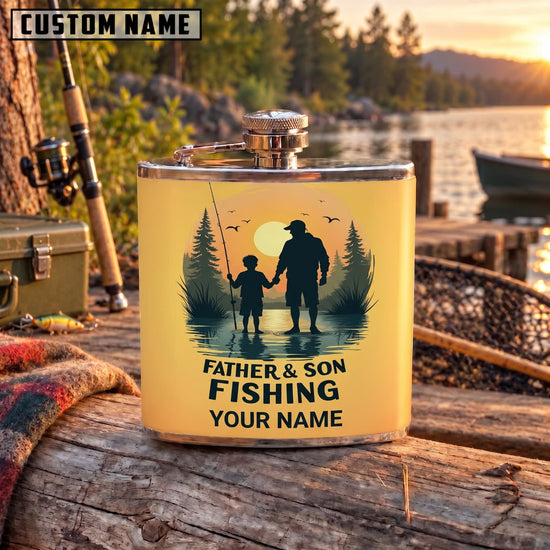 Maxcorners Fishing Father And Son Sunset Silhouette Personalized Name 3D Hip Flask