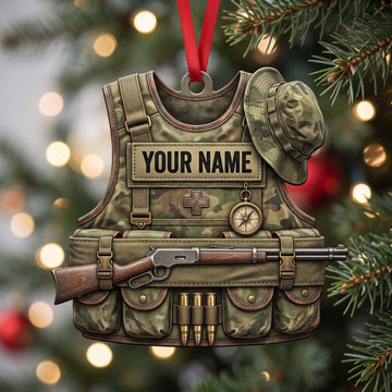 Maxcorners Hunting Olive Camo Vest And Rifle Personalized Name 3D Keychain And Ornament