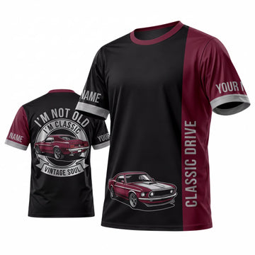 Maxcorners Personalized Car Classic Muscle Car 3D T-Shirt – Black Burgundy Classic Drive and Silver Muscle Car