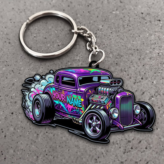 Maxcorners Hot Rod Purple Classic Roadster with Colorful Graffiti and Chrome Wheels Personalized Name 3D Keychain And Ornament
