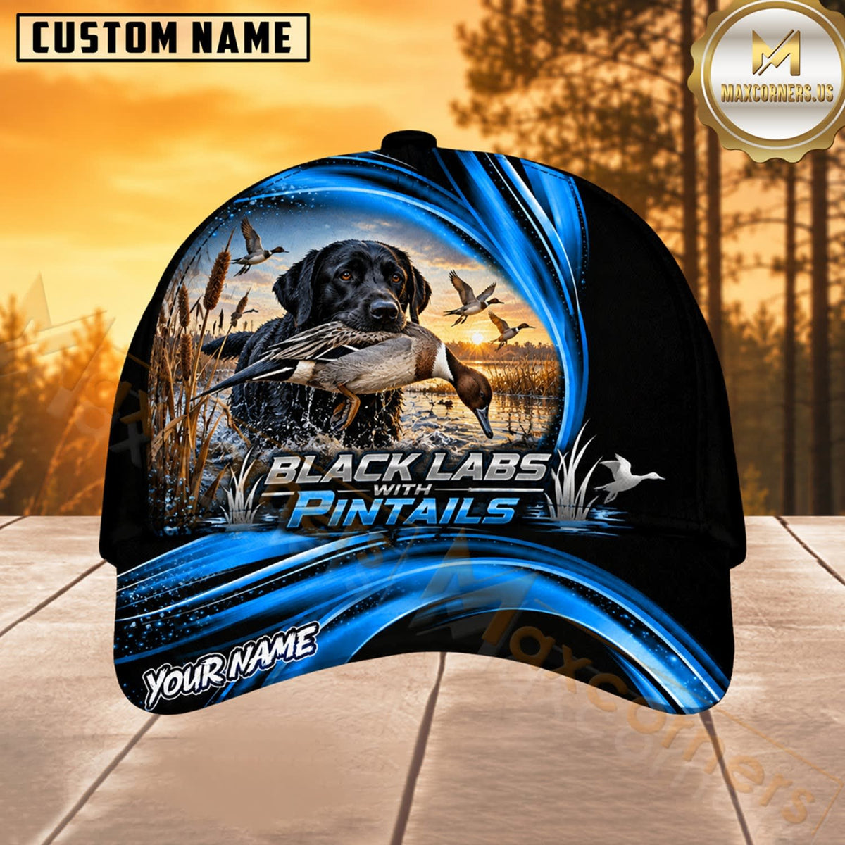 Maxcorners Dog Hunting And Duck Blue Wave Sunset Marsh Scene Multiple Options Personalized Name 3D Cap
