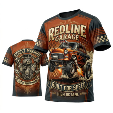 Maxcorners Personalized Car Classic Muscle Car 3D T-Shirt – Redline Garage Brown Orange Built For Speed