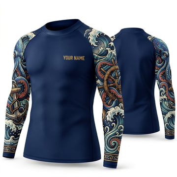 Maxcorners Personalized Ocean Tattoo Navy Shirt with Gold Blue Wave Tattoo Sleeves 3D All Over Printed Shirts, Best Gifts for Ocean Lovers