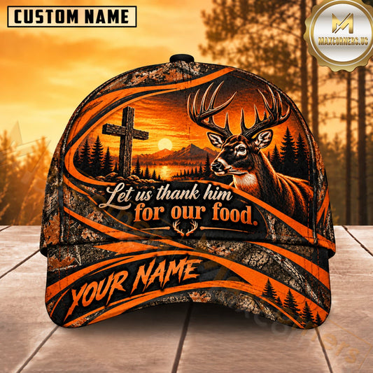 Maxcorners Deer Hunting Whitetail Buck Let Us Thank Him for Our Food Diagonal Orange Camo Customized Name 3D Cap