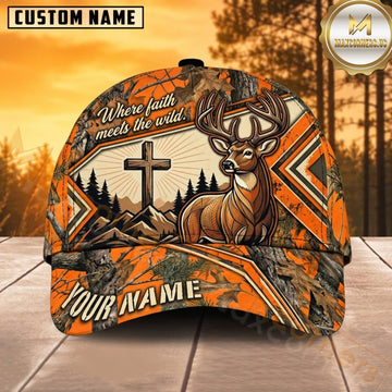 Maxcorners Deer Hunting Whitetail Buck Cross Sunset Orange Chevron Camo Customized Name 3D Cap