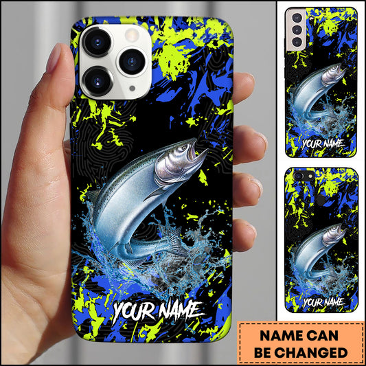 Maxcorners Salmon Fishing Neon Splash Art Personalized Name 3D Phone Case