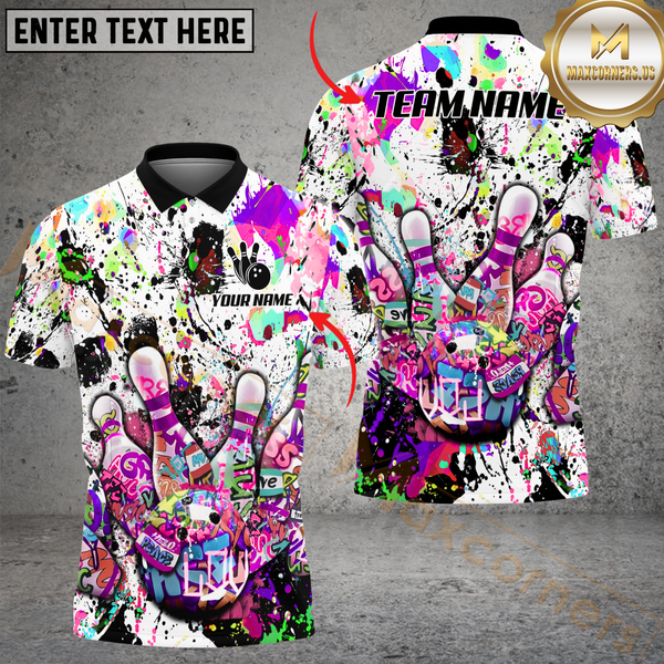 Maxcorners White Graffiti Splash Paint Bowling Jersey Customized Name, Team Name 3D Polo Shirt