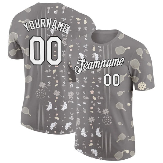 Maxcorners Pickleball Paddle Ball Grey White Botanical Floral Stripe Pattern Personalized Name 3D Unisex Shirt
