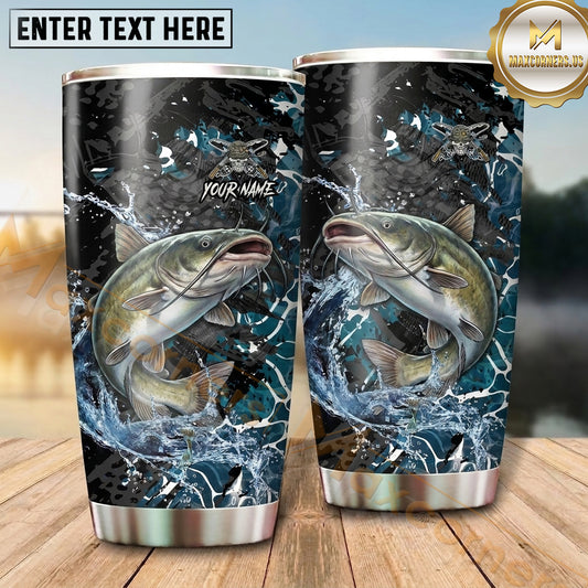 Maxcorners Fishing Tumbler Black Aqua Cracked Ice Design Personalized Name Tumbler (13 Species)