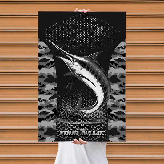 Maxcorners Marlin Fishing Black & White Sketch Style Personalized Name 3D Poster