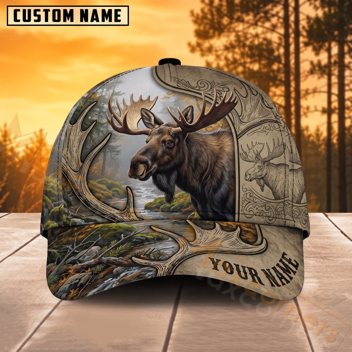 Maxcorners Moose Hunting Mountain River Wildlife Personalized Name 3D Cap