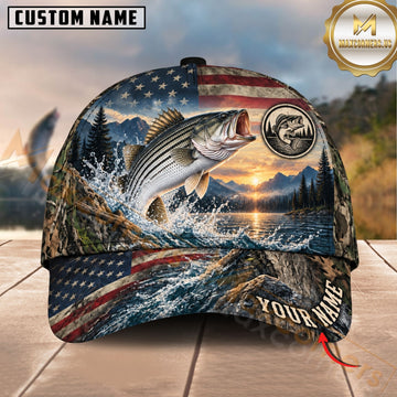 Maxcorners Fishing Graphic Sunset Mountain US Flag Landscape Customized Name 3D Cap