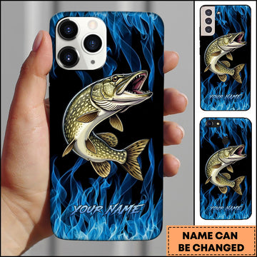 Maxcorner Pike Fishing Blue Flame Smoke Background Personalized Name 3D Phone Case