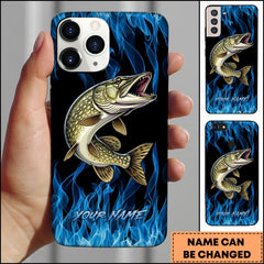 Maxcorner Pike Fishing Blue Flame Smoke Background Personalized Name 3D Phone Case