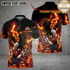 Maxcorners Bowling & Pins Burning Eagle American Flag Patriot Customized Name, Team Name 3D Shirt (4 Colors)