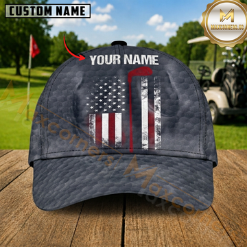 Maxcorners Golf American Flag Dark Gray Black Red White Personalized Name 3D Cap