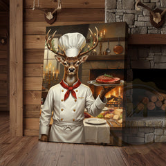 Maxcorners Deer Chef in White Uniform Serving Steak beside Fireplace Wrapped Canvas Wall Art