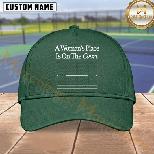 Maxcorners Tennis A Woman’s Place Is On The Court Dark Green Minimalist Court Line Design Personalized Name 3D Cap