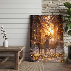 Maxcorners Magical Forest Deer Canvas Wall Art - Golden Hour Wildlife Scene