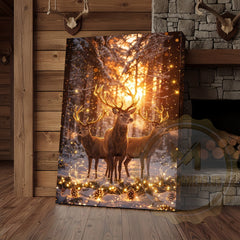 Maxcorners Magical Forest Deer Canvas Wall Art - Golden Hour Wildlife Scene