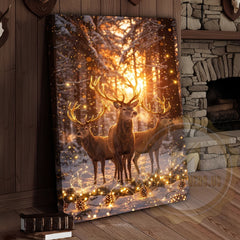 Maxcorners Magical Forest Deer Canvas Wall Art - Golden Hour Wildlife Scene