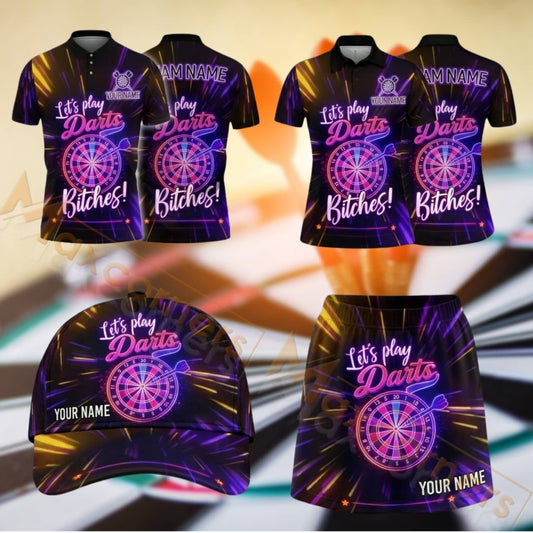 Maxcorners Darts Purple Bowling League Style Dartboard Design Personalized Team Sportswear Set - Polo Shirt, Cap & Skorts