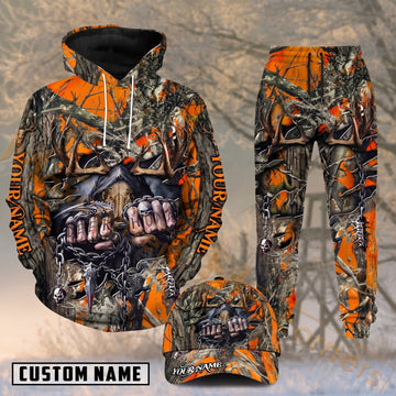 Maxcorners Hunting Deer Skull Hunter Blaze Orange Camo Personalized 3D Combo Hoodie, Sweatpants Set & Cap