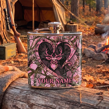 Maxcorners Hunting Pink Deer Head Camouflage Design Personalized Name 3D Hip Flask