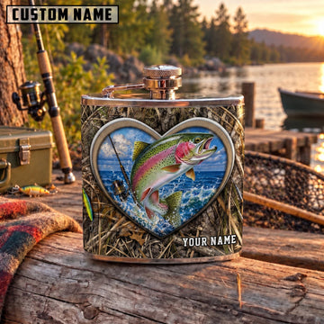 Maxcorners Fishing Rainbow Trout Heart Frame Personalized Name 3D Hip Flask