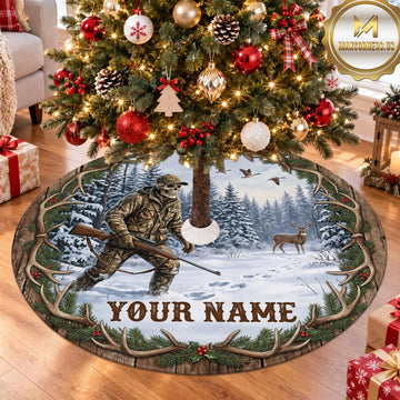 Maxcorners Hunting Deer Snowy Pine Forest Personalized Name 3D Christmas Tree Skirt