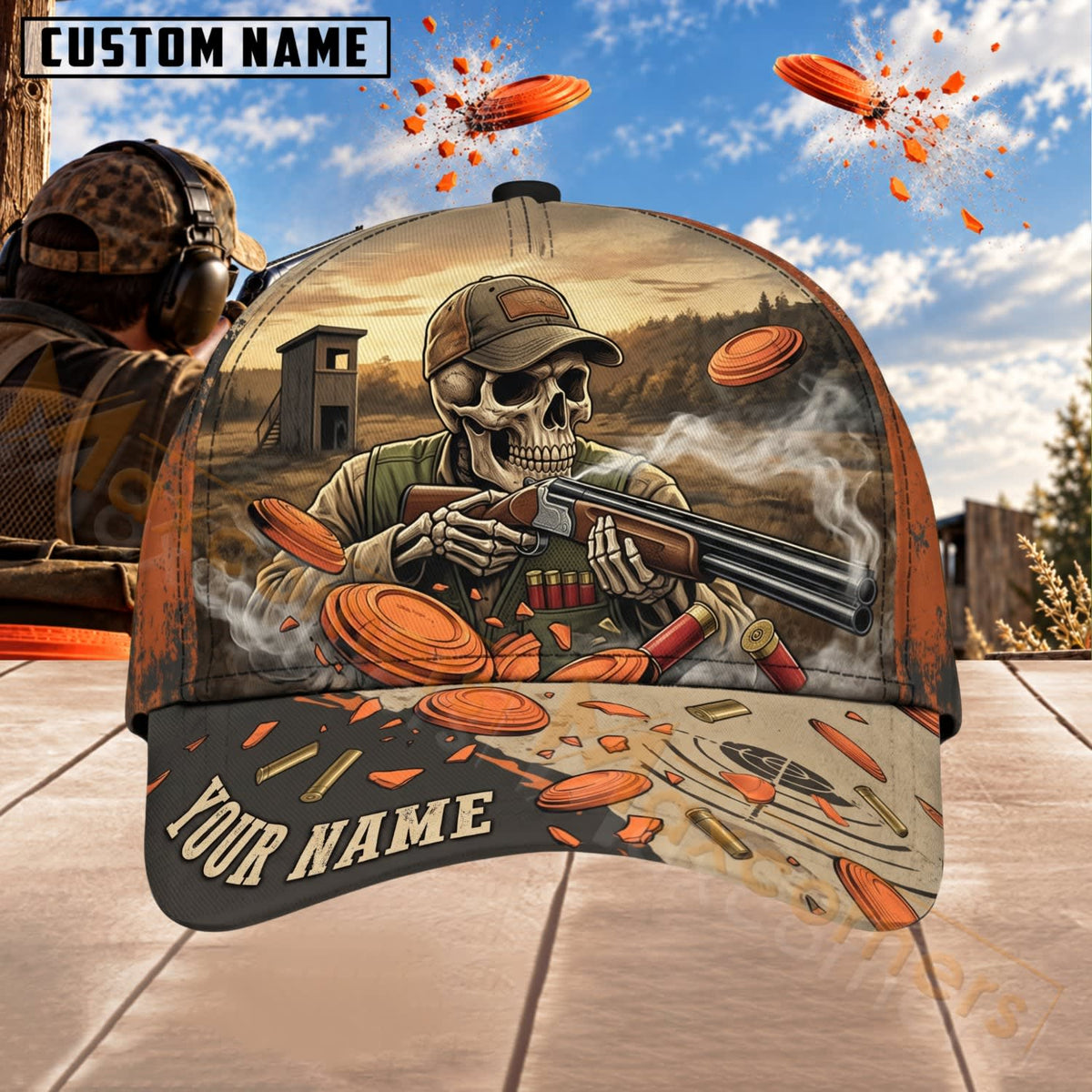 Maxcorners Trap & Skeet Shooting Skull Shotgun Clay Target Personalized Name 3D Cap