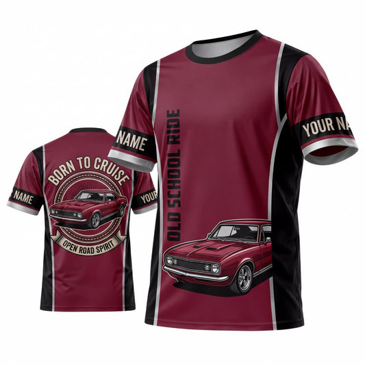 Maxcorners Personalized Car Classic Muscle Car 3D T-Shirt – Burgundy Black Vintage Racing and Red Classic Car