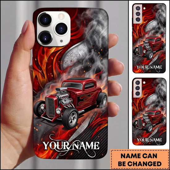 Maxcorners Hot Rod Red Classic Car with Racing Flame and Gray Smoke Personalized Name 3D Phone Case