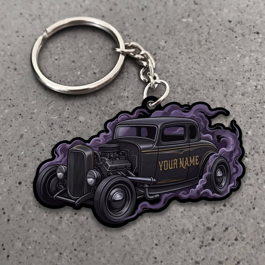 Maxcorners Hot Rod Matte Black Vintage Coupe with Purple Gear Frame Personalized Name 3D Keychain And Ornament