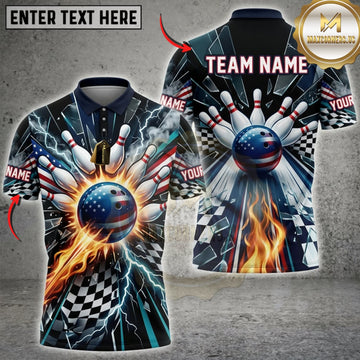 Maxcorners Bowling American Flag Blue Lightning And Flaming Bowling Ball Personalized Name 3D Unisex Shirt