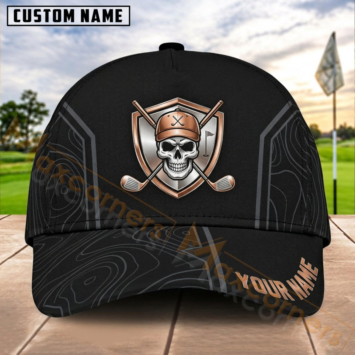 Maxcorners Golf Skull Crossed Clubs Personalized Name 3D Cap