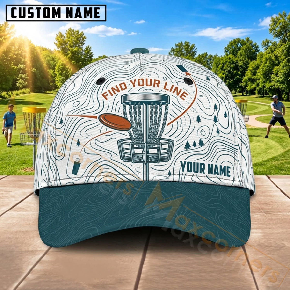 Maxcorners Disc Golf White Topographic Chain Basket Personalized Name 3D Cap