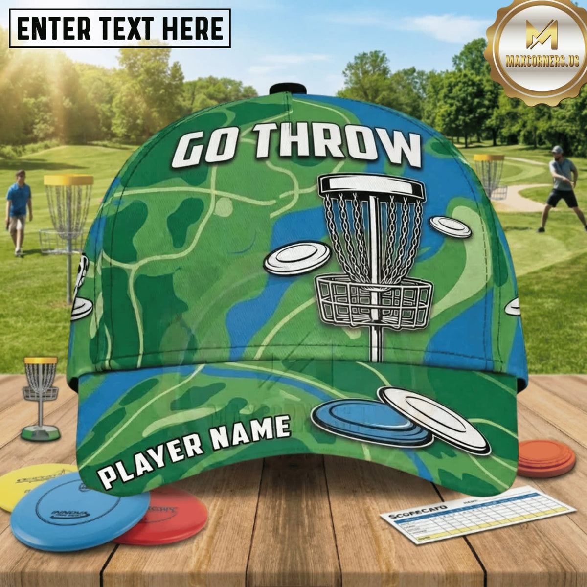 (8 Colors) Maxcorners Disc Golf Go Throw Chain Basket & Flying Discs Personalized Name 3D Cap LM3009
