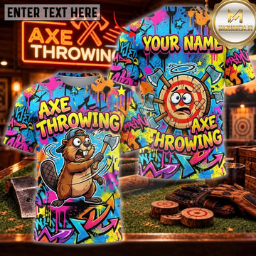Maxcorners Axe Throwing Colorful Graffiti Cartoon Bear Personalized Name 3D Unisex Shirt