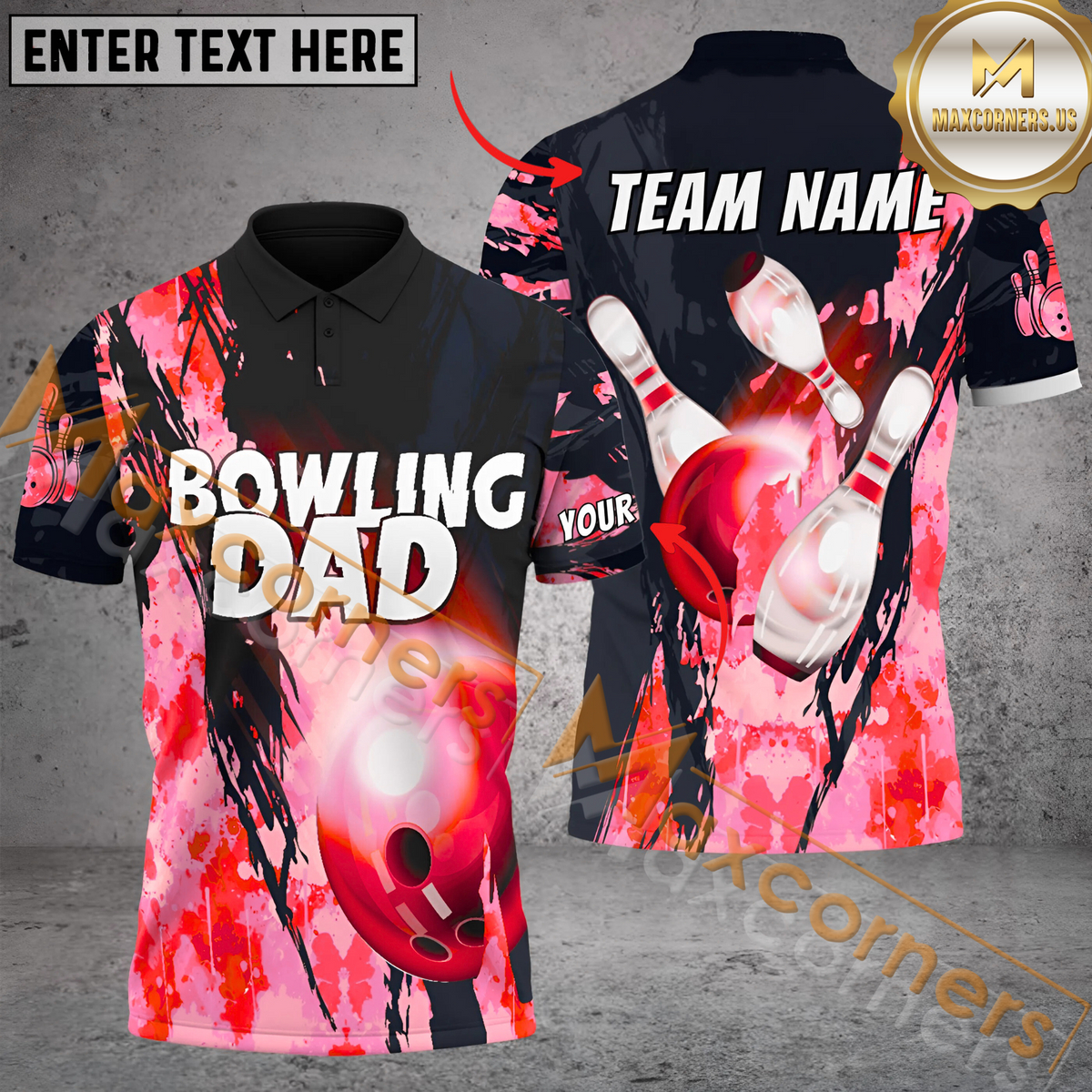 Maxcorners Ball And Pins Fire Bowling Dad Jersey Multicolor Option Customized Name, Team Name 3D Polo Shirt