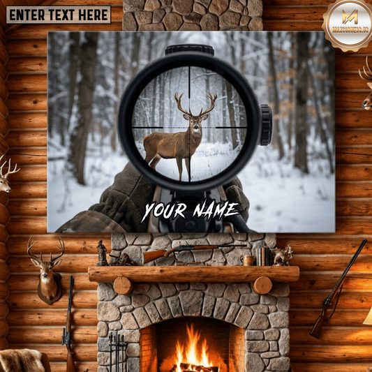 Maxcorners Deer Hunting Rifle Scope Crosshair Buck Snowy Forest Hunter Target Canvas Wall Art