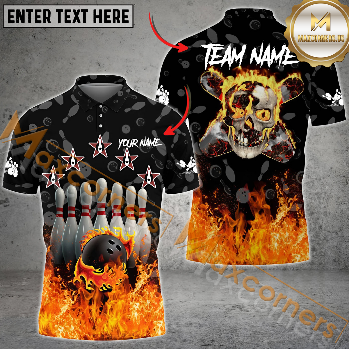 Maxcorners Skull Flame Bowling Jersey Multicolor Option Customized Name, Team Name 3D Shirt