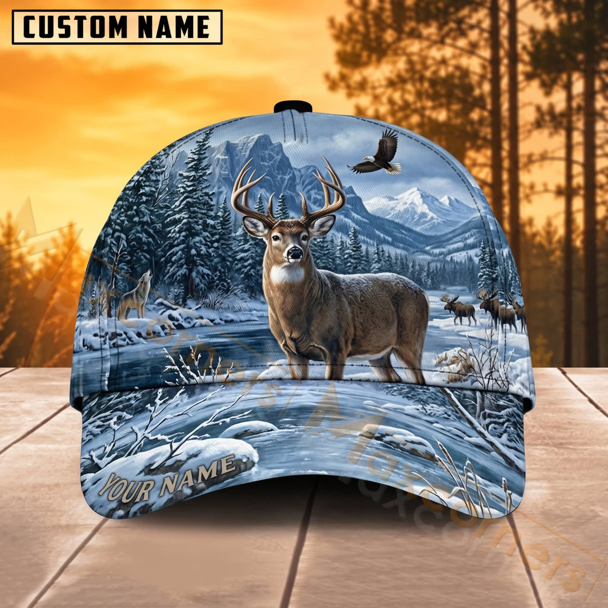 Maxcorners Deer Hunting Snowy Mountain Buck Personalized Name 3D Cap